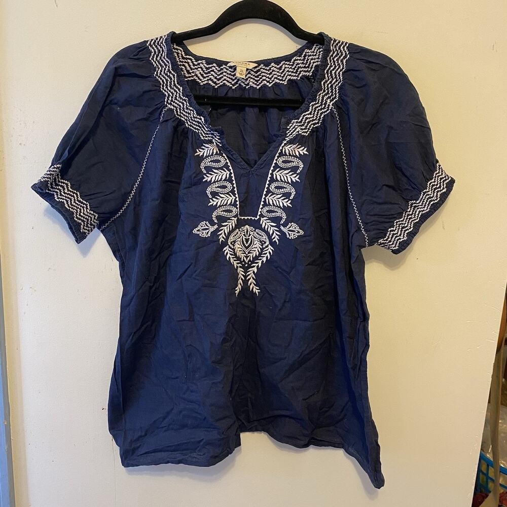 Sonoma Women XL Navy Blue Embroidered Cotton Casual Top Summer Coastal Beach - Picture 5 of 7
